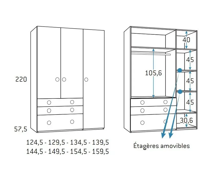 Illustration numéro 2 du produit Armoire 3 portes 2 tiroirs 1 caisson gauche 124,5 x 57,5 x 220 cm