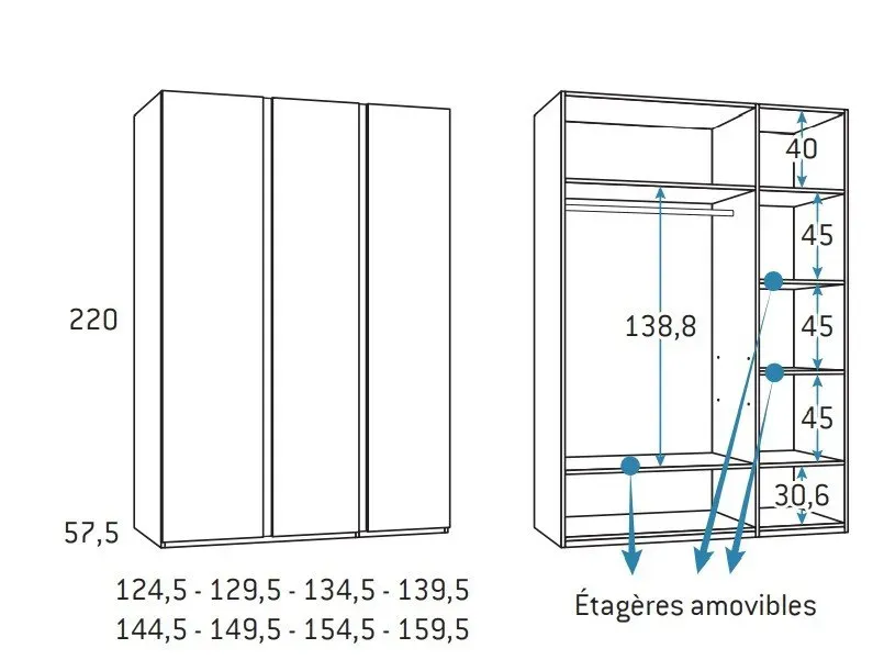Illustration numéro 2 du produit Armoire finition chêne blanchis 3 portes longues  poignée New Perfil gauche 144,5 x 57,5 x 220 cm