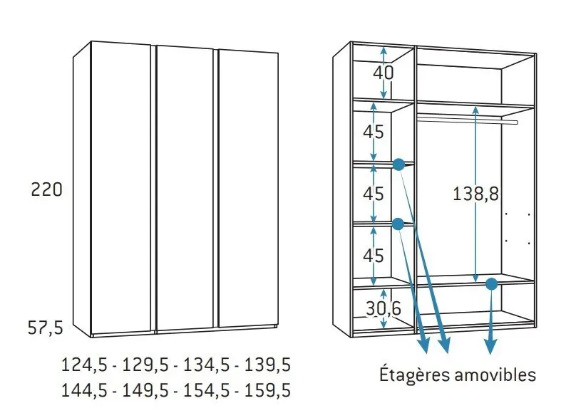 Illustration numéro 2 du produit Armoire finition chêne blanchis 3 portes longues poignée New Perfil droite 144,5 x 57,5 x 220 cm