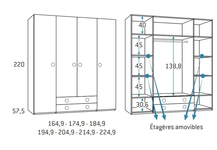 Illustration numéro 2 du produit Armoire 4 portes 2 tiroirs 224,9 x 57,5 x 220 cm finition chêne blanchis