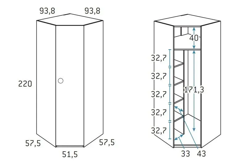 Illustration numéro 2 du produit Armoire d'angle pan-coupé 1 porte 93,8 x 220 cm finition chêne blanchis Bibliothèque intérieure gauche