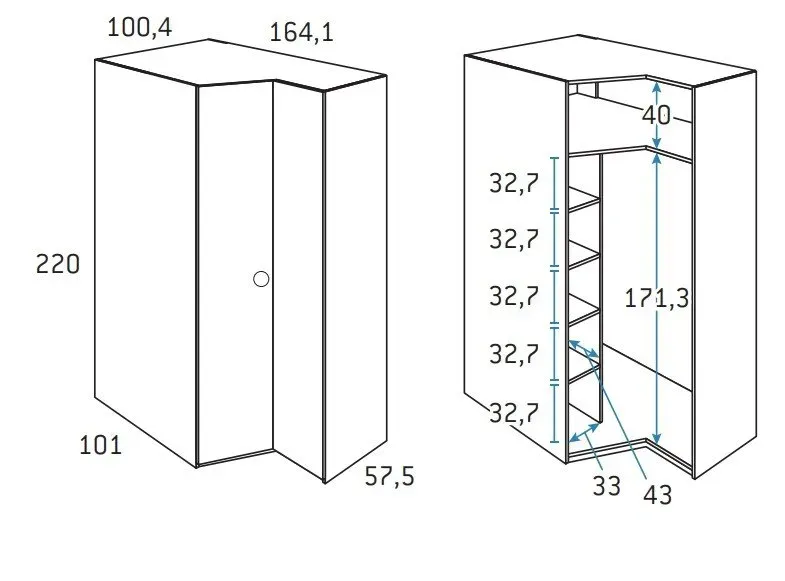 Illustration numéro 2 du produit Armoire d'angle pan-coupé 2 portes 164 x 220 cm finition chêne blanchis porte lisse côté gauche