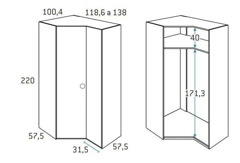 Illustration numéro 2 du produit Armoire d'angle pan-coupé droite 2 portes 118,6 x 220 cm finition chêne blanchis 1 étagère