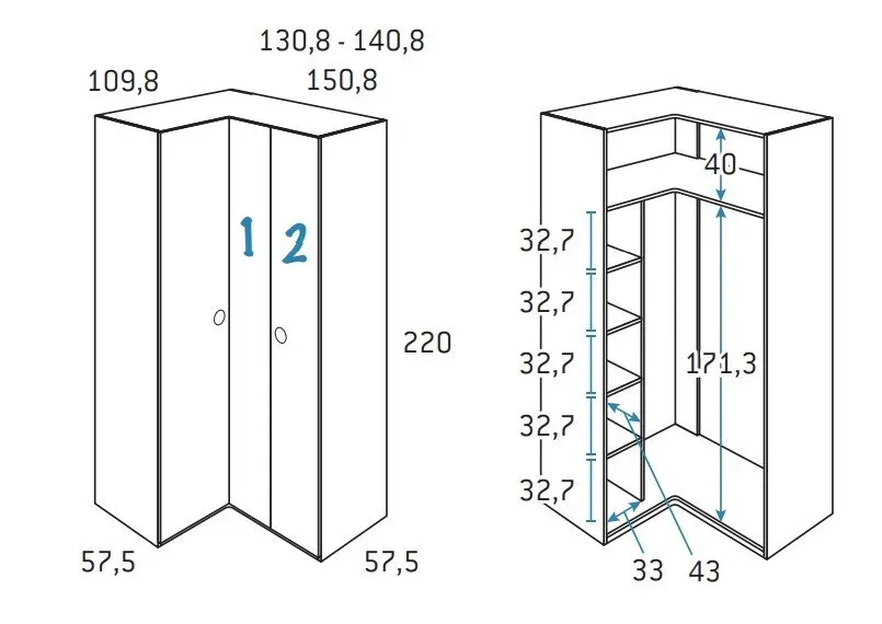 Illustration numéro 2 du produit Armoire d'angle équerre porte droite pliante 140,8 x 220 cm finition chêne blanchis