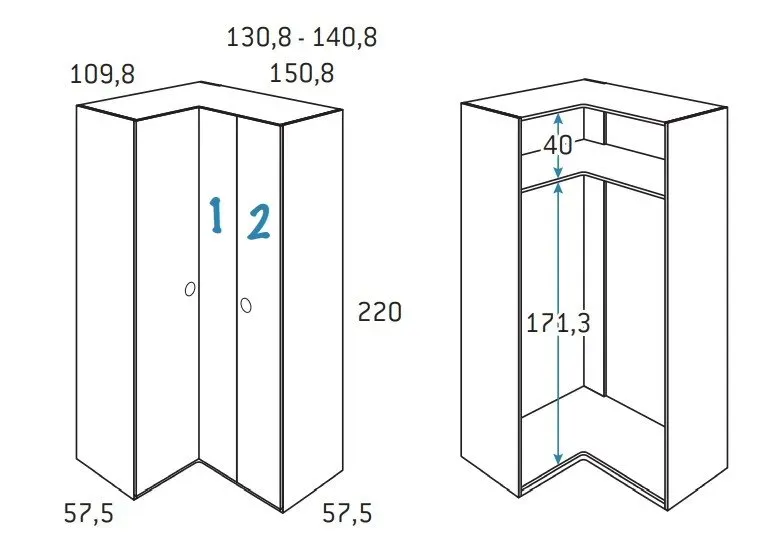 Illustration numéro 2 du produit Armoire d'angle équerre porte droite pliante 130,8 x 220 cm finition chêne blanchis 1 étagère intérieure
