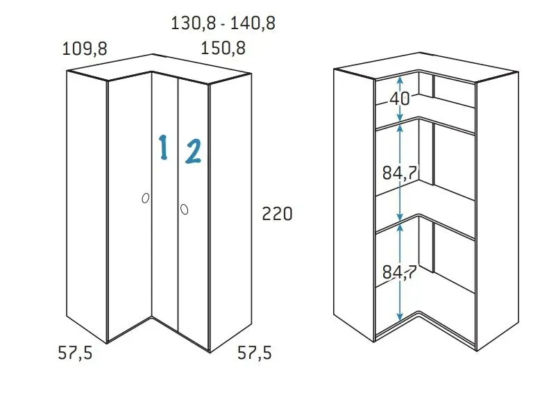 Illustration numéro 2 du produit Armoire d'angle équerre porte droite pliante 130,8 x 220 cm finition chêne blanchis intérieur double