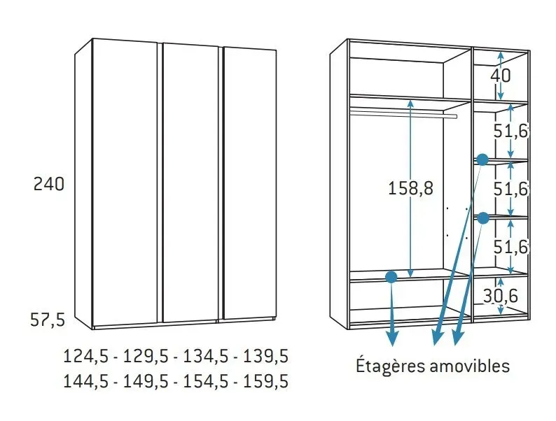 Illustration numéro 2 du produit Armoire finition chêne blanchis 3 portes longues poignée New Perfil gauche 159,5 x 57,5 x 240 cm