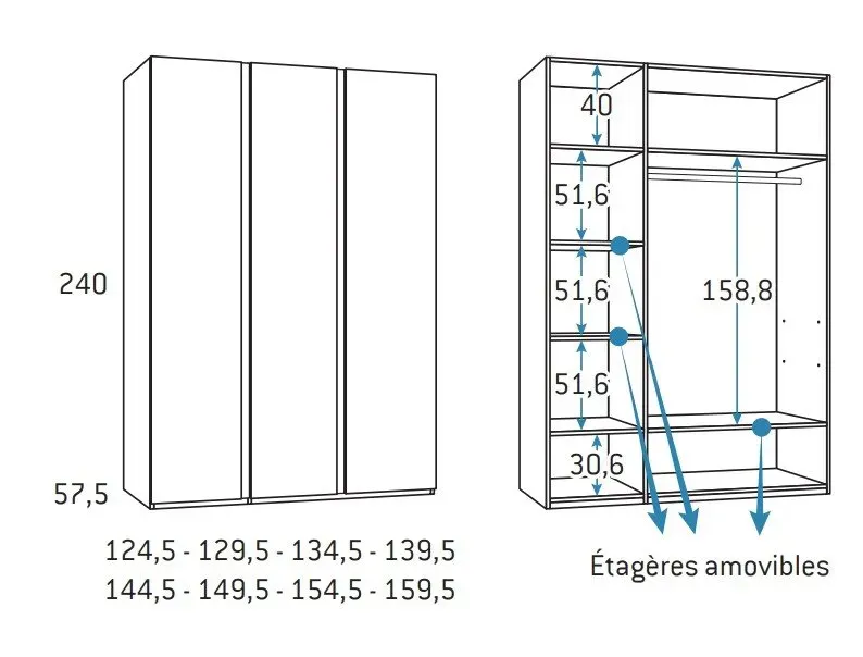 Illustration numéro 2 du produit Armoire finition chêne blanchis 3 portes longues poignée New Perfil droite 144,5 x 57,5 x 240 cm