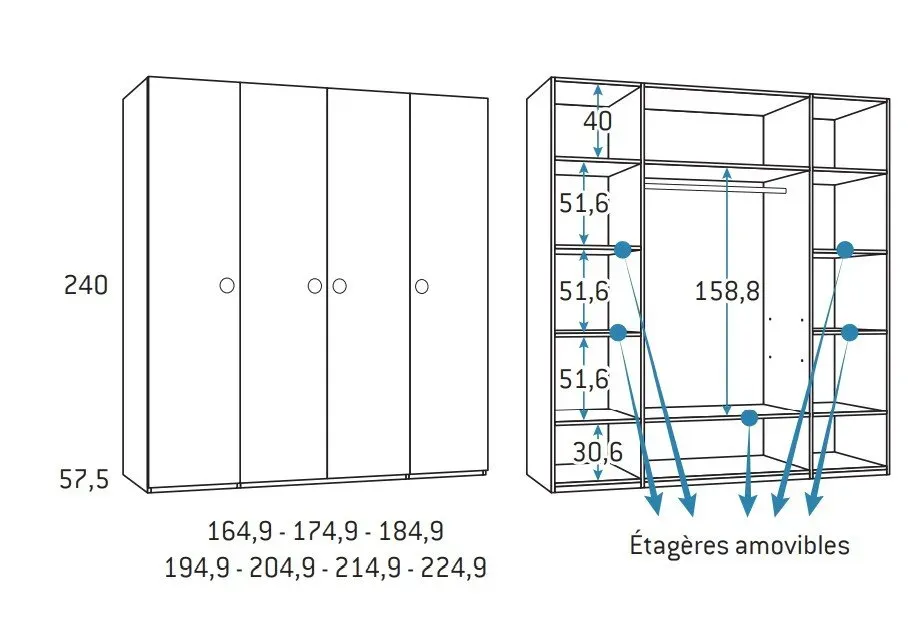 Illustration numéro 2 du produit Armoire 4 portes 194,9 x 57,5 x 240 cm finition chêne blanchis
