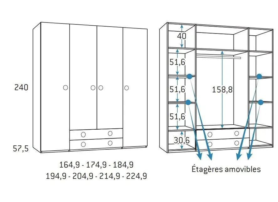 Illustration numéro 2 du produit Armoire 4 portes 2 tiroirs 224,9 x 57,5 x 240 cm finition chêne blanchis