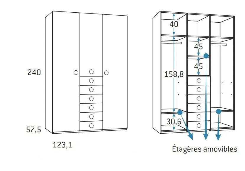 Illustration numéro 2 du produit Armoire 3 portes 6 tiroirs 123,1 x 57,5 x 240 cm finition chêne blanchis