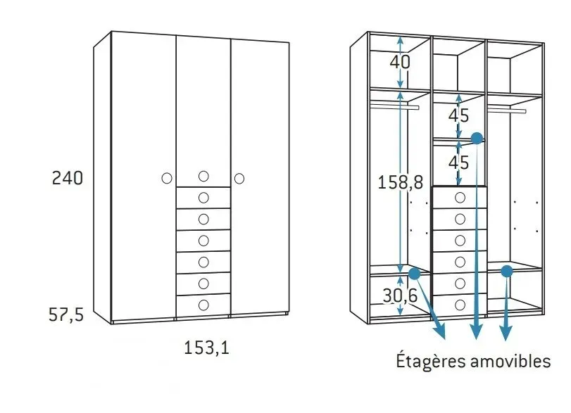 Illustration numéro 2 du produit Armoire 3 portes 6 tiroirs 153,1 x 57,5 x 240 cm finition chêne blanchis