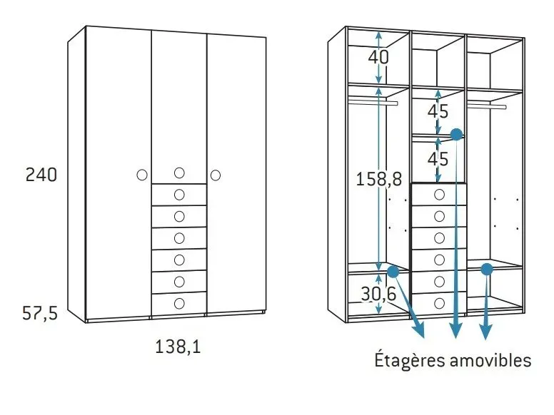 Illustration numéro 2 du produit Armoire 3 portes 6 tiroirs 138,1 x 57,5 x 240 cm finition chêne blanchis