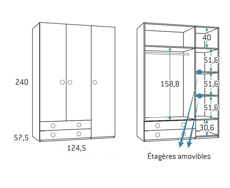 Illustration numéro 2 du produit Armoire 3 portes 2 tiroirs gauche 124,5 x 57,5 x 240 cm finition chêne blanchis