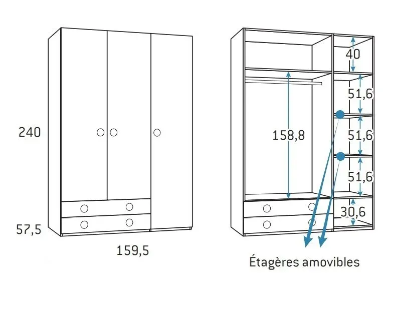 Illustration numéro 2 du produit Armoire 3 portes 2 tiroirs gauche 159,5 x 57,5 x 240 cm finition chêne blanchis