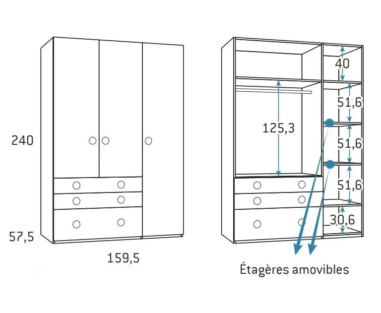 Illustration numéro 2 du produit Armoire 3 portes 2 tiroirs 1 caisson gauche 159,5 x 57,5 x 240 cm finition chêne blanchis