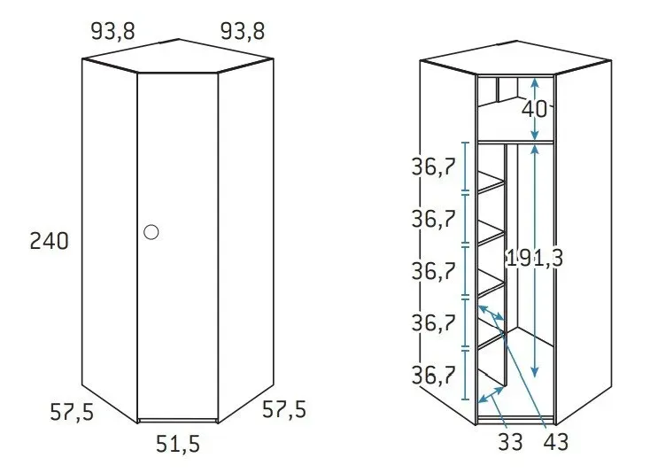 Illustration numéro 2 du produit Armoire d'angle pan-coupé 1 porte 93,8 x 240 cm finition chêne blanchis Bibliothèque intérieure gauche