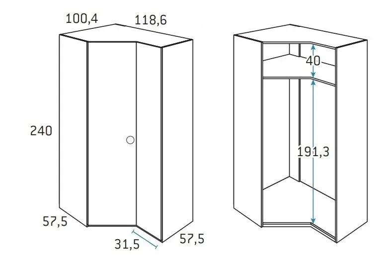 Illustration numéro 2 du produit Armoire d'angle pan-coupé droite 2 portes 118,6 x 240 cm finition chêne blanchis 1 étagère