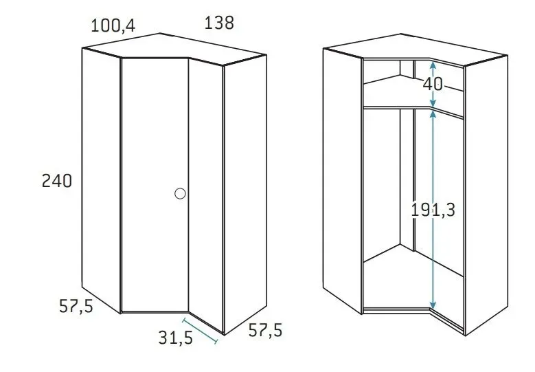 Illustration numéro 2 du produit Armoire d'angle pan-coupé droite 2 portes 138 x 240 cm finition chêne blanchis 1 étagère