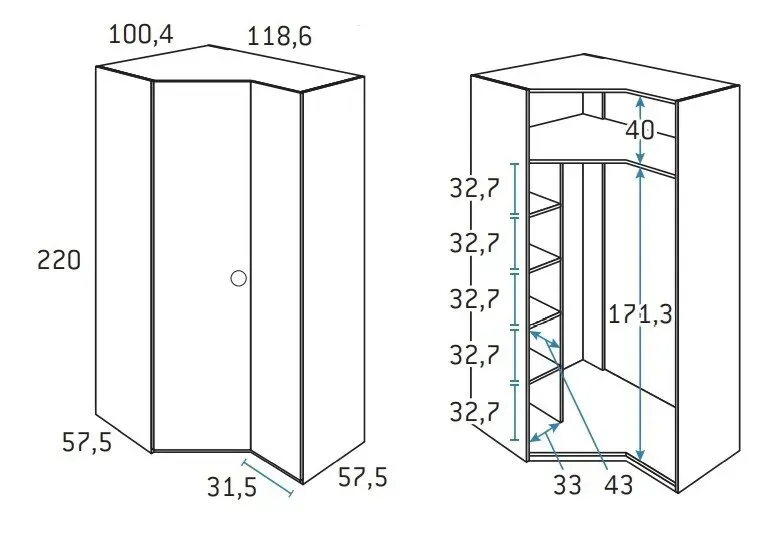 Illustration numéro 2 du produit Armoire d'angle pan-coupé droite 2 portes 118,6 x 220 cm finition chêne blanchis