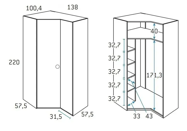Illustration numéro 2 du produit Armoire d'angle pan-coupé droite 2 portes 138 x 220 cm finition chêne blanchis