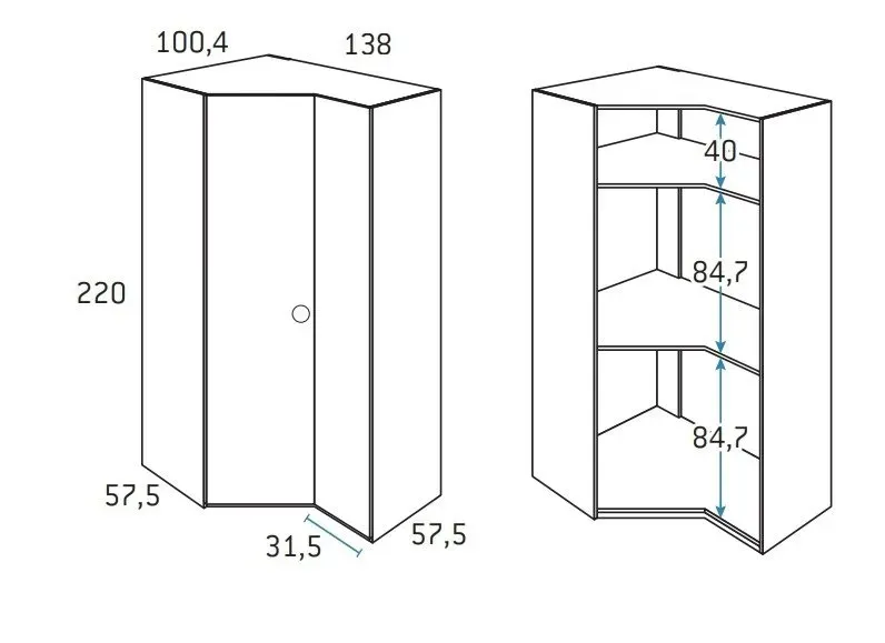 Illustration numéro 2 du produit Armoire d'angle pan-coupé droite 2 portes 138 x 220 cm finition chêne blanchis intérieur double