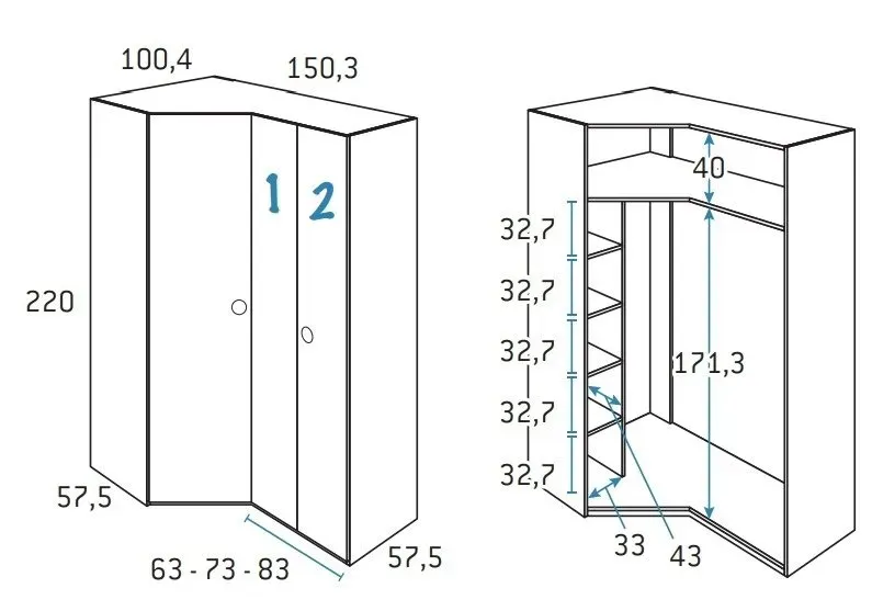 Illustration numéro 2 du produit Armoire d'angle pan-coupé 2 portes 150,3 x 220 cm finition chêne blanchis porte droite pliante