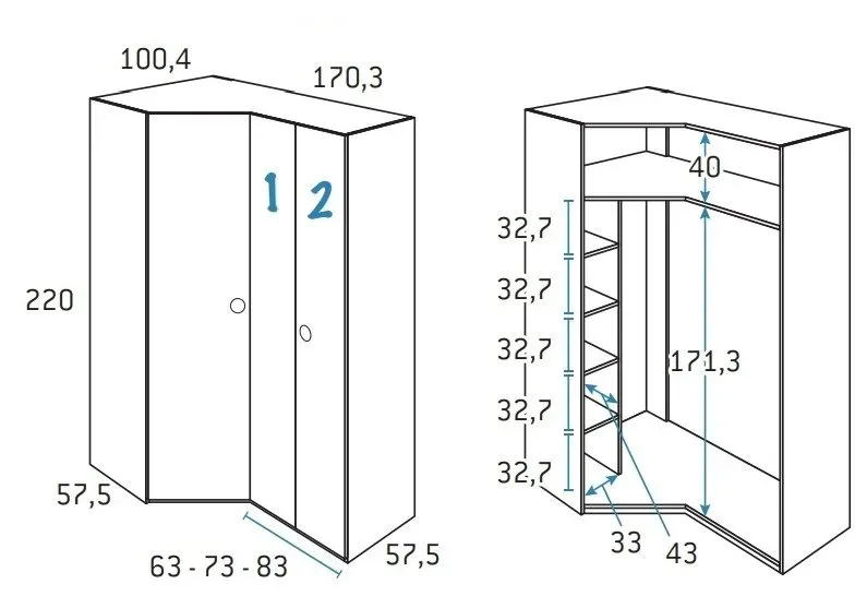 Illustration numéro 2 du produit Armoire d'angle pan-coupé 2 portes 170,3 x 220 cm finition chêne blanchis porte droite pliante