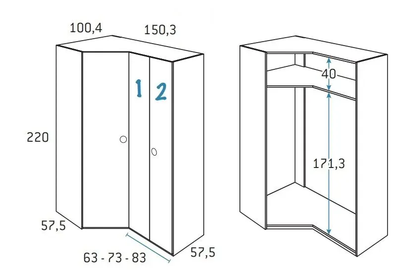 Illustration numéro 2 du produit Armoire d'angle pan-coupé 2 portes 150,3 x 220 cm finition chêne blanchis porte droite pliante 1 étagère