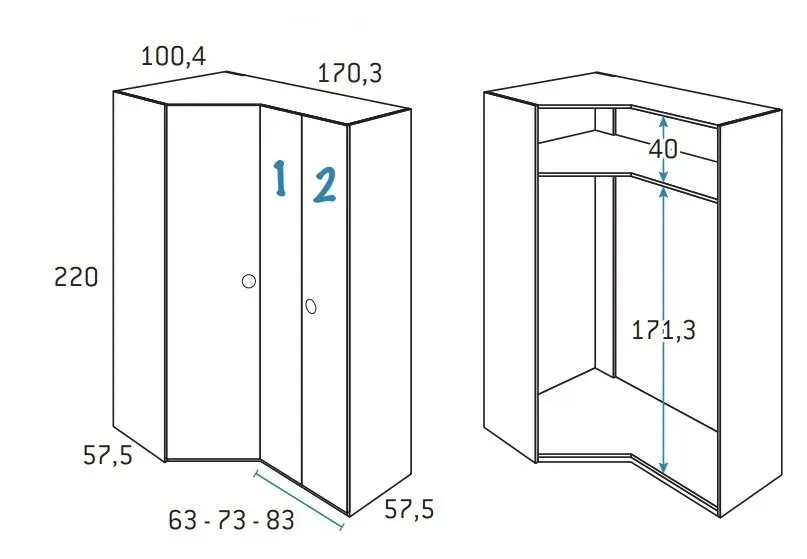 Illustration numéro 2 du produit Armoire d'angle pan-coupé 2 portes 170,3 x 220 cm finition chêne blanchis porte droite pliante 1 étagère