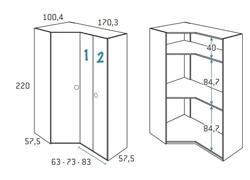 Illustration numéro 2 du produit Armoire d'angle pan-coupé 2 portes 170,3 x 220 cm finition chêne blanchis porte droite pliante intérieur double