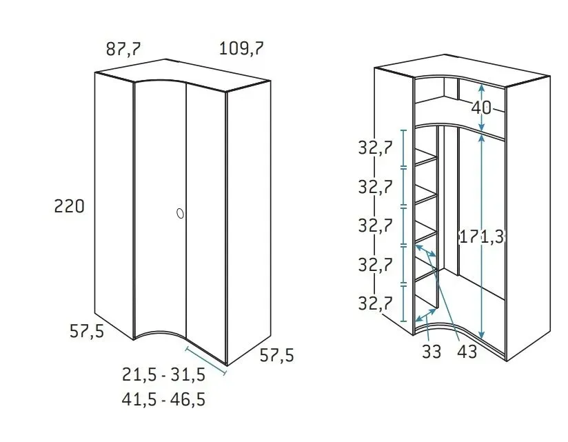 Illustration numéro 2 du produit Armoire d'angle porte courbe à gauche 109,7 x 220 cm finition chêne blanchis