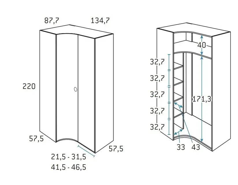 Illustration numéro 2 du produit Armoire d'angle porte courbe à gauche 134,7 x 220 cm finition chêne blanchis