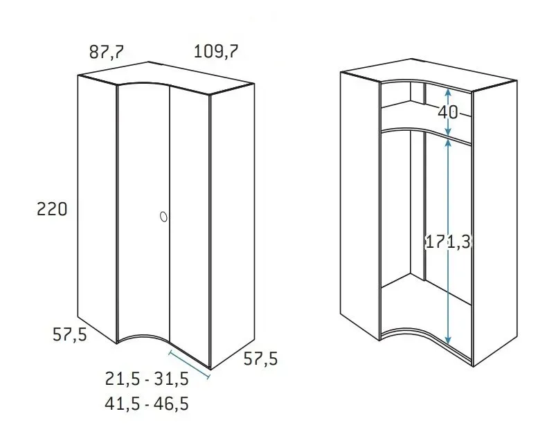 Illustration numéro 2 du produit Armoire d'angle porte courbe à gauche 109,7 x 220 cm finition chêne blanchis 1 étagère