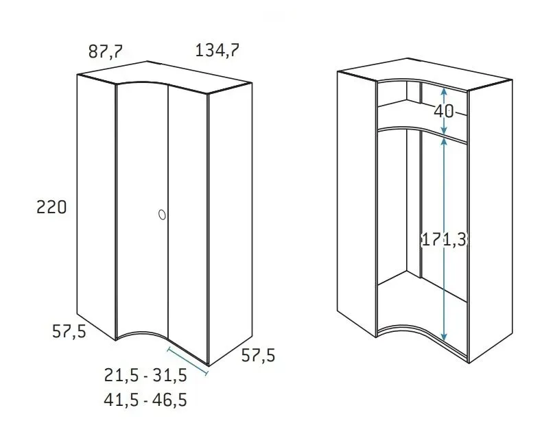 Illustration numéro 2 du produit Armoire d'angle porte courbe à gauche 134,7 x 220 cm finition chêne blanchis 1 étagère
