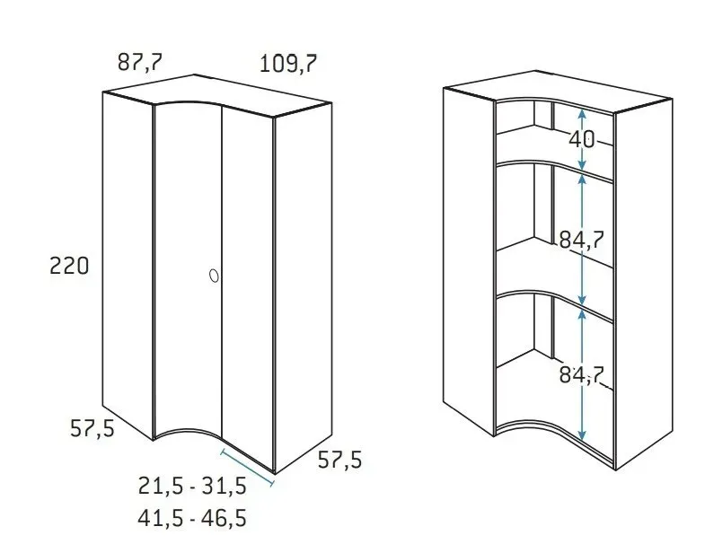 Illustration numéro 2 du produit Armoire d'angle porte courbe à gauche 109,7 x 220 cm finition chêne blanchis intérieur double