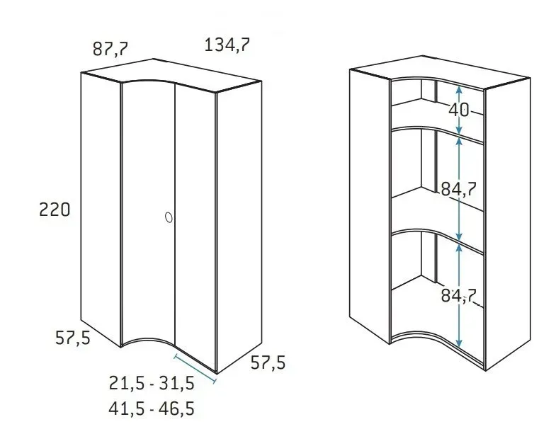 Illustration numéro 2 du produit Armoire d'angle porte courbe à gauche 134,7 x 220 cm finition chêne blanchis intérieur double