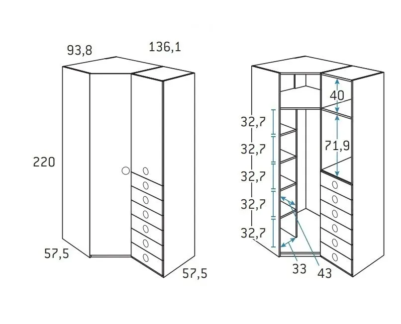 Illustration numéro 2 du produit Armoire d'angle pan-coupé 2 portes 6 tiroirs droite 136,1 x 93,8 x 220 cm finition chêne blanchis
