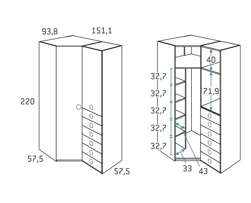 Illustration numéro 2 du produit Armoire d'angle pan-coupé 2 portes 6 tiroirs droite 151,1 x 93,8 x 220 cm finition chêne blanchis20101005954