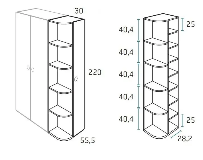 Illustration numéro 2 du produit Armoire terminale d'angle 1 porte 30 x 55,5 x 220 cm finition chêne blanchis