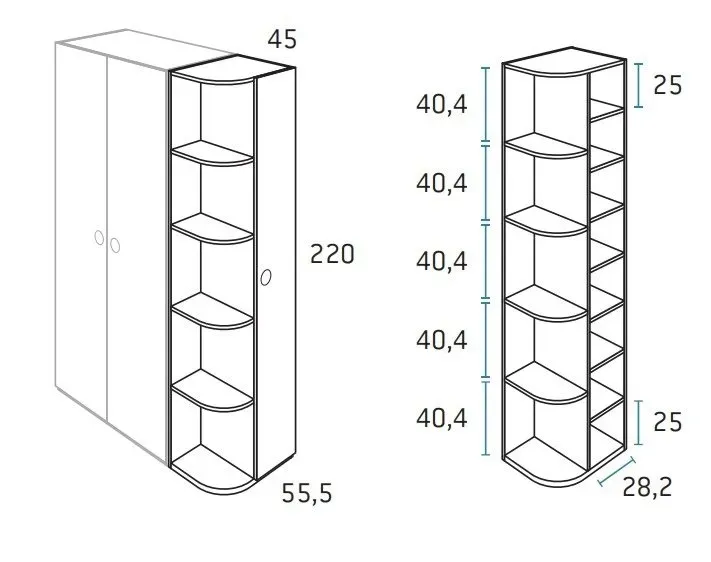 Illustration numéro 2 du produit Armoire terminale d'angle 1 porte 45 x 55,5 x 220 cm finition chêne blanchis