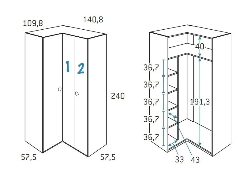Illustration numéro 2 du produit Armoire d'angle équerre porte droite pliante 140,8 x 240 cm finition chêne blanchis