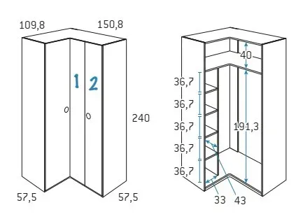 Illustration numéro 2 du produit Armoire d'angle équerre porte droite pliante 150,8 x 240 cm finition chêne blanchis