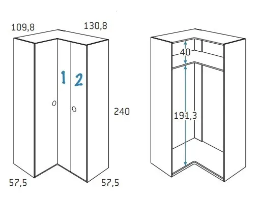 Illustration numéro 2 du produit Armoire d'angle équerre porte droite pliante 130,8 x 240 cm finition chêne blanchis 1 étagère intérieure