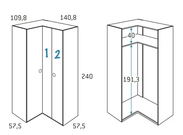 Illustration numéro 2 du produit Armoire d'angle équerre porte droite pliante 140,8 x 240 cm finition chêne blanchis 1 étagère intérieure