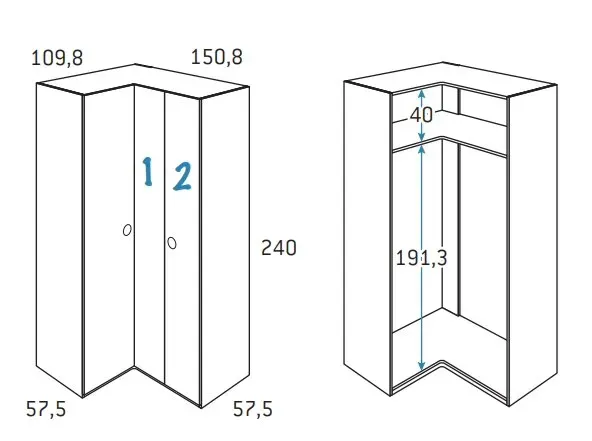 Illustration numéro 2 du produit Armoire d'angle équerre porte droite pliante 150,8 x 240 cm finition chêne blanchis 1 étagère intérieure