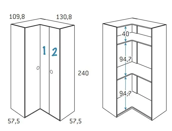 Illustration numéro 2 du produit Armoire d'angle équerre porte droite pliante 130,8 x 240 cm finition chêne blanchis intérieur double