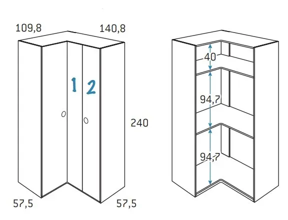 Illustration numéro 2 du produit Armoire d'angle équerre porte droite pliante 140,8 x 240 cm finition chêne blanchis intérieur double