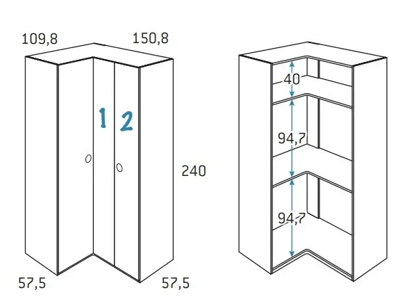 Illustration numéro 2 du produit Armoire d'angle équerre porte droite pliante 150,8 x 240 cm finition chêne blanchis intérieur double