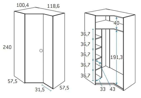 Illustration numéro 2 du produit Armoire d'angle pan-coupé droite 2 portes 118,6 x 240 cm finition chêne blanchis